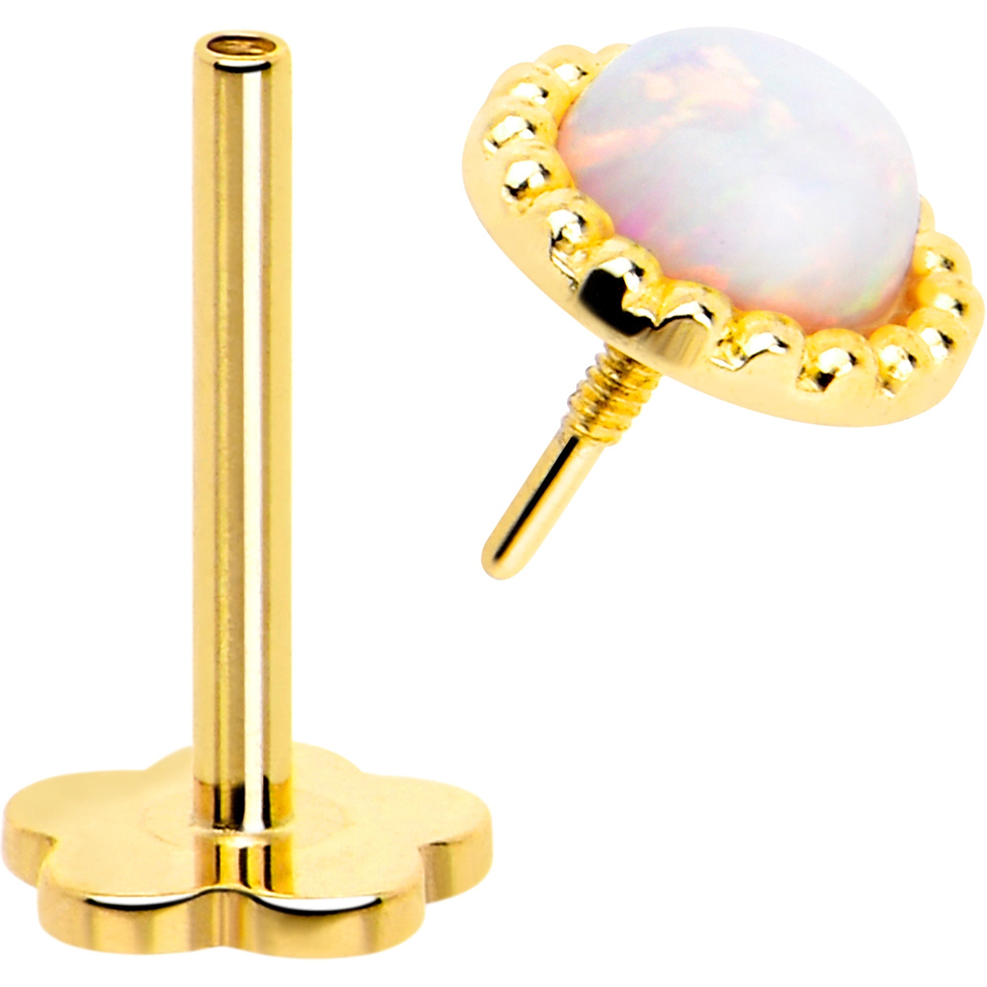 BodyCandy 14k Yellow Gold Flat Back Earring 20G 3mm Synthetic Opal Floral Reversible — side view