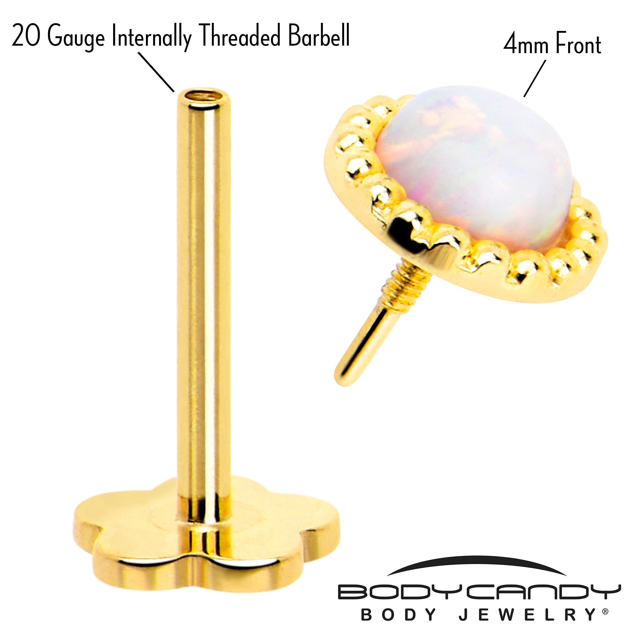 BodyCandy 14k Yellow Gold Flat Back Earring 20G 3mm Synthetic Opal Floral Reversible — detail close-up