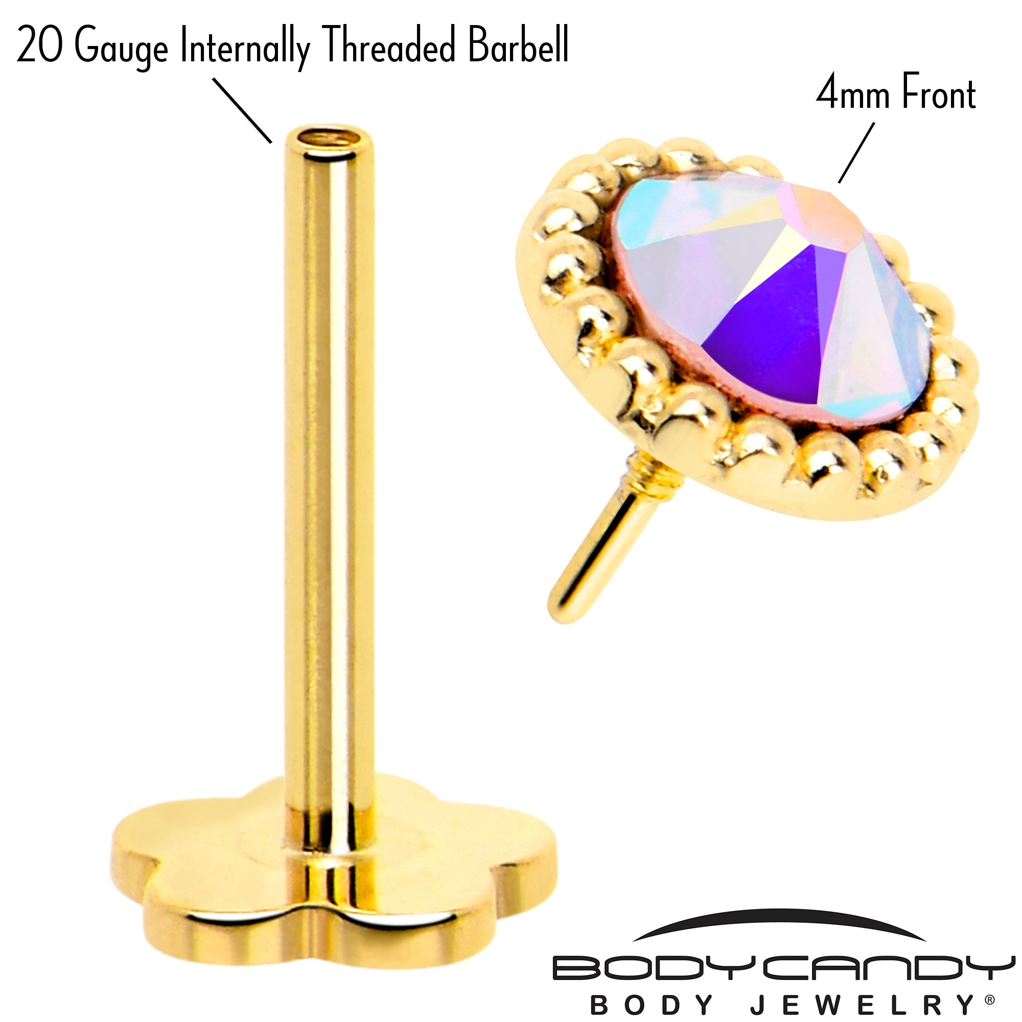BodyCandy 14k Yellow Gold Flat Back Earring 20G 3mm Aurora CZ Floral Reversible — detail close-up