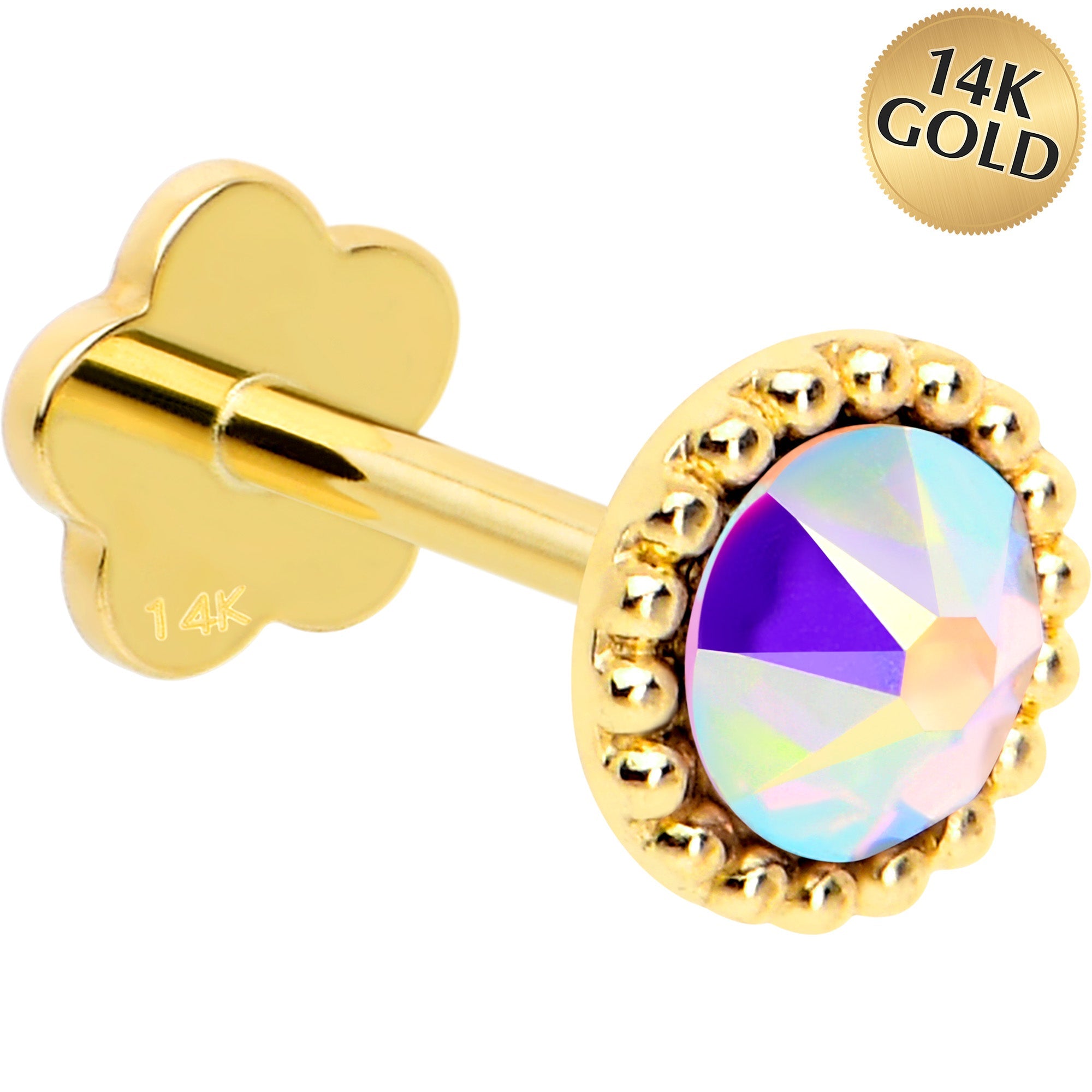 BodyCandy 14k Yellow Gold Flat Back Earring 20G 3mm Aurora CZ Floral Reversible — main product shot