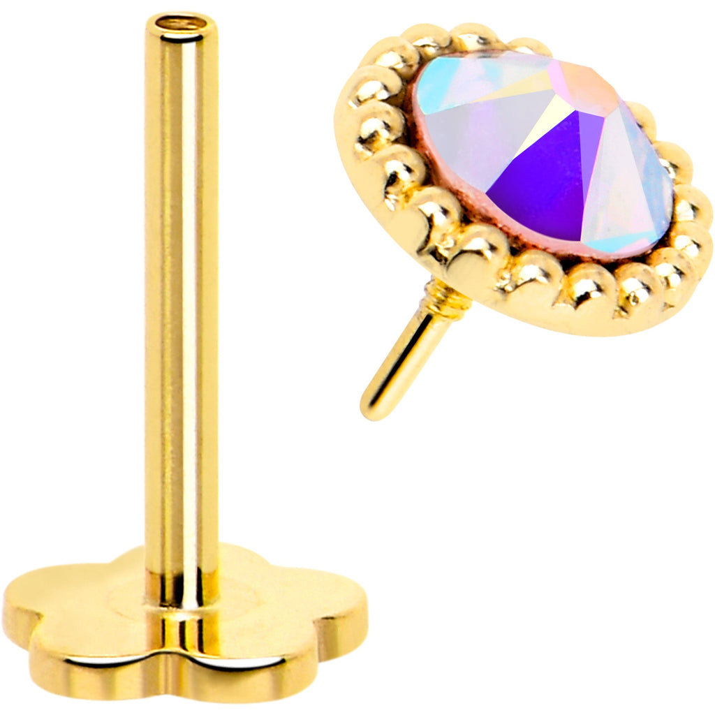 BodyCandy 14k Yellow Gold Flat Back Earring 20G 3mm Aurora CZ Floral Reversible — side view