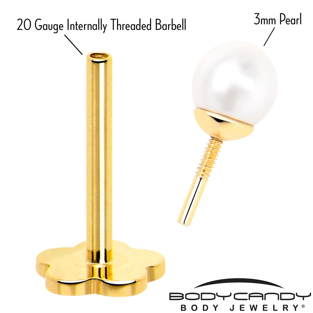 BodyCandy 14k Yellow Gold Flat Back Earring 20G 3mm Faux Pearl Floral Reversible — detail close-up