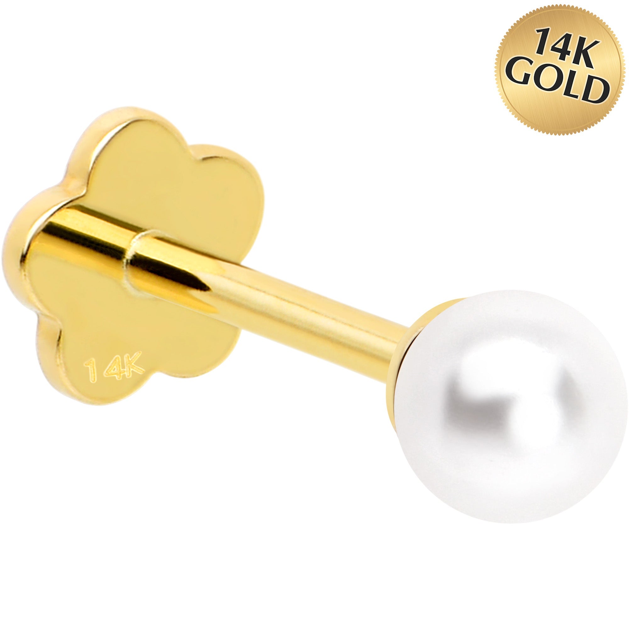 BodyCandy 14k Yellow Gold Flat Back Earring 20G 3mm Faux Pearl Floral Reversible — main product shot