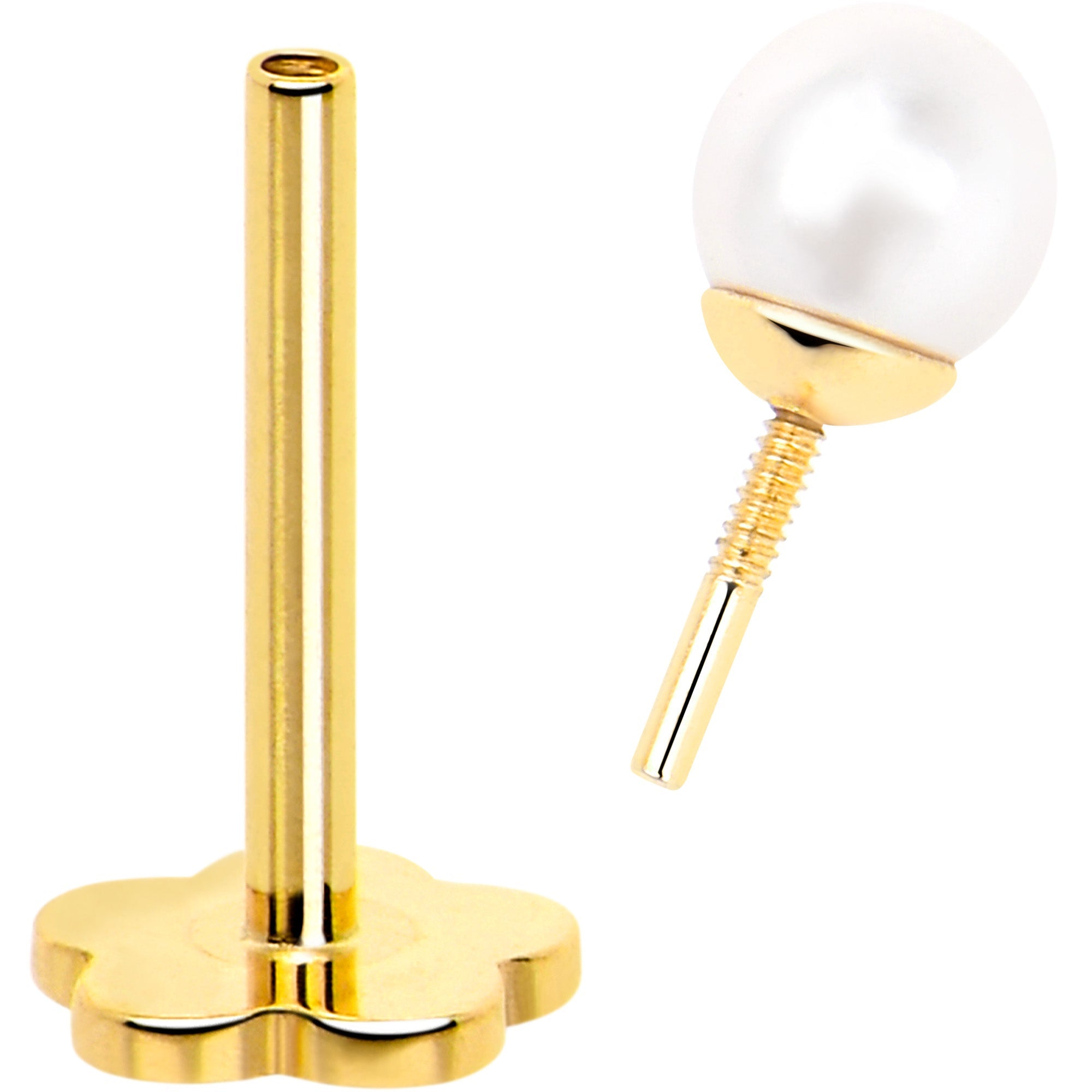 BodyCandy 14k Yellow Gold Flat Back Earring 20G 3mm Faux Pearl Floral Reversible — side view