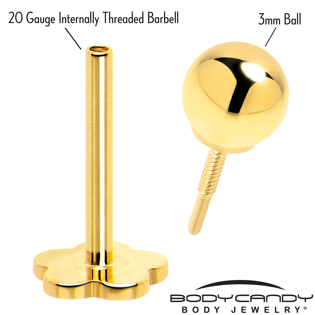 BodyCandy 14k Yellow Gold Flat Back Earring 20G 3mm Ball Floral Reversible — detail close-up