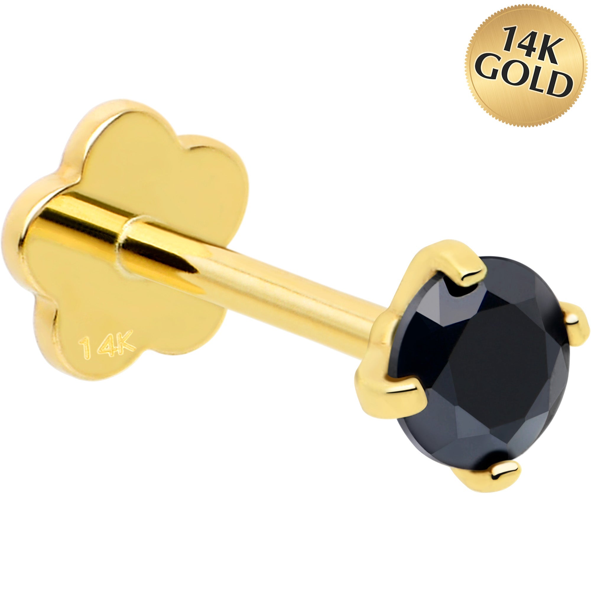 BodyCandy 14k Yellow Gold Flat Back Earring 20G 3mm Blue CZ Floral Reversible — main product shot