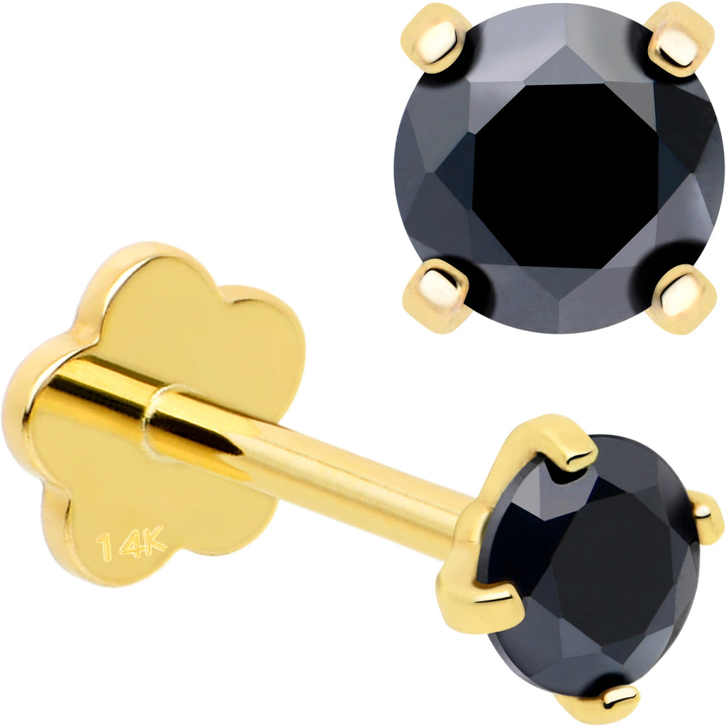 BodyCandy 14k Yellow Gold Flat Back Earring 20G 3mm Blue CZ Floral Reversible — back view