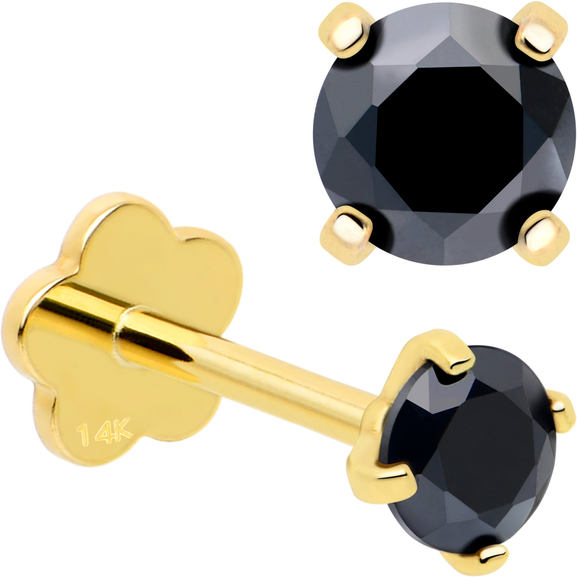 BodyCandy 14k Yellow Gold Flat Back Earring 20G 3mm Blue CZ Floral Reversible — back view