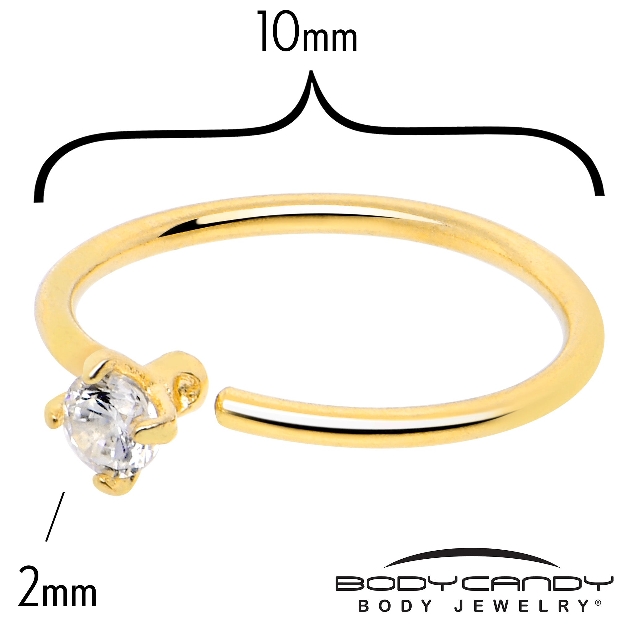 BodyCandy 14k Solid Yellow Gold Bendable Nose Hoop 22G 5/16 with 2mm  CZ — side view
