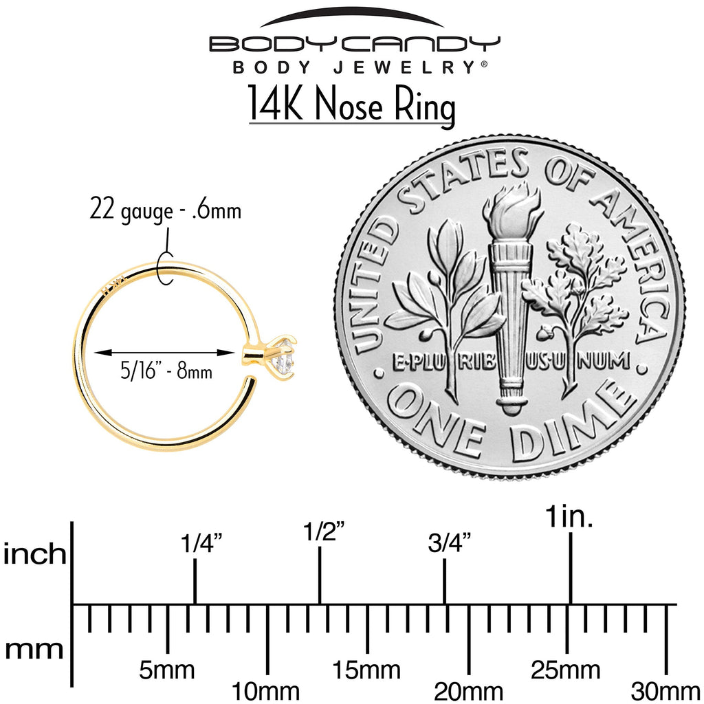 BodyCandy 14k Solid Yellow Gold Bendable Nose Hoop 22G 5/16 with 2mm  CZ — detail close-up