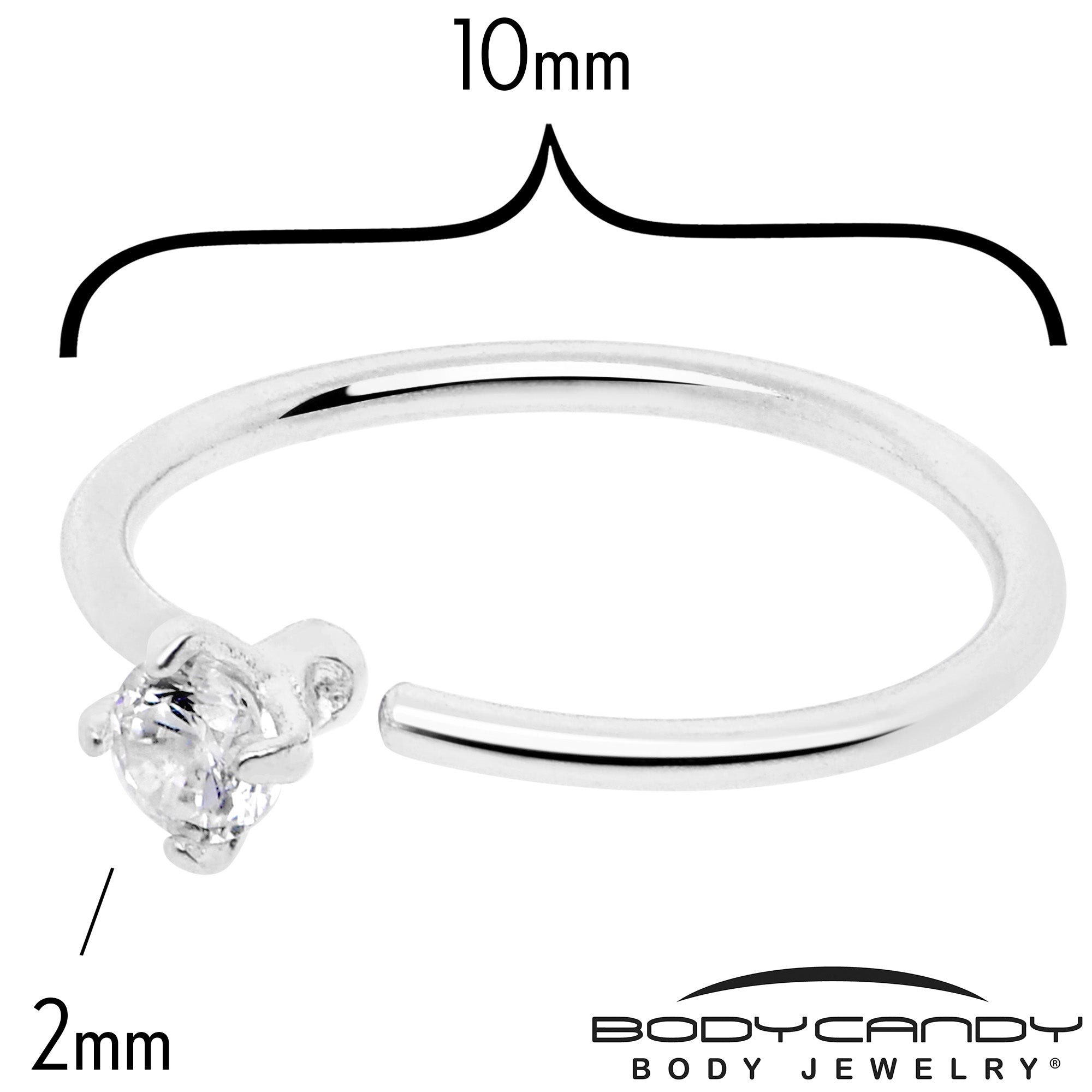 BodyCandy 14k Solid White Gold Bendable Nose Hoop 22G 5/16 with 2mm CZ — detail close-up
