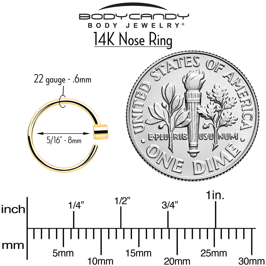 BodyCandy 14k Solid Yellow Gold Bendable Nose Hoop 22G 5/16 with Bezel CZ — detail close-up