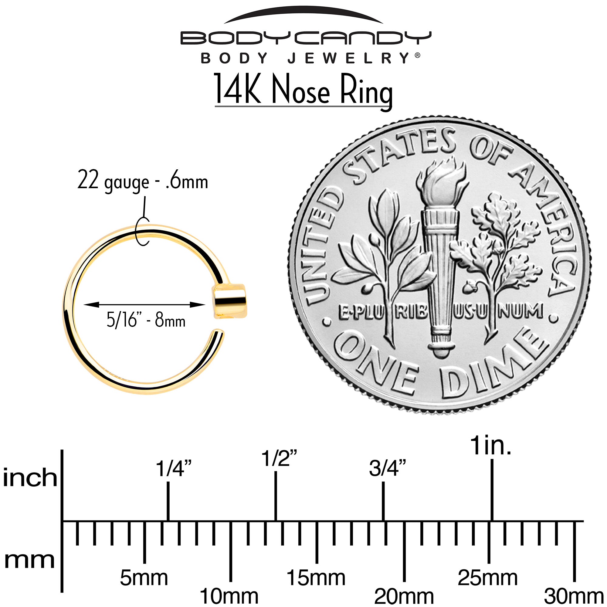 BodyCandy 14k Solid Yellow Gold Bendable Nose Hoop 22G 5/16 with Bezel CZ — detail close-up