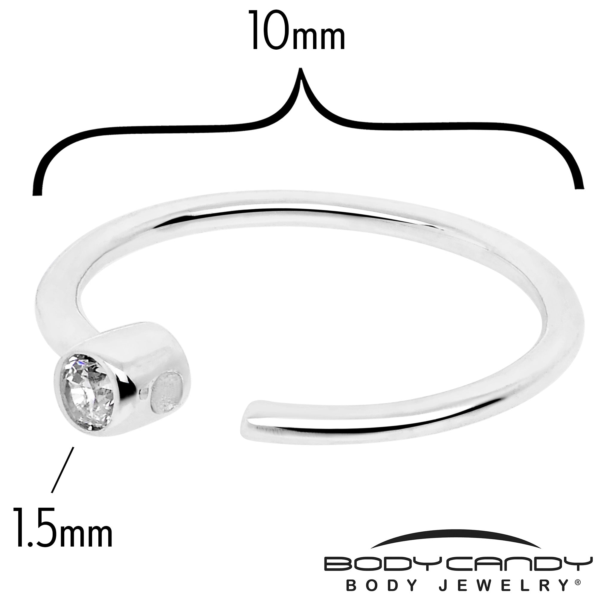 BodyCandy 14k Solid White Gold Bendable Nose Hoop 22G 5/16 with Bezel CZ — detail close-up