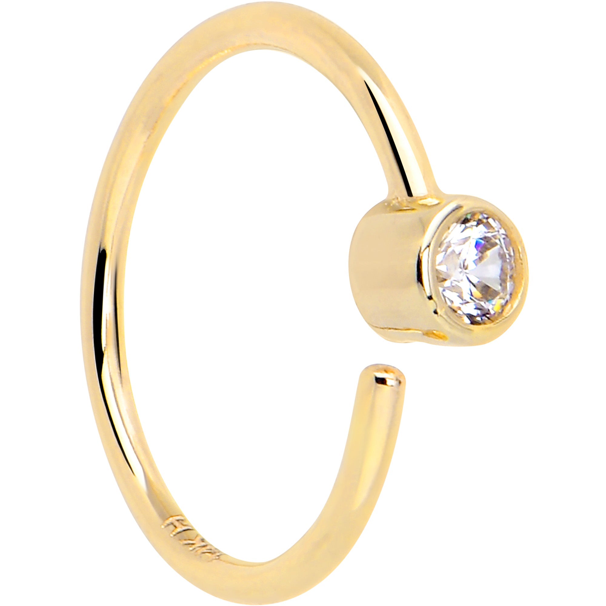 BodyCandy 14k Solid Yellow Gold Bendable Nose Hoop 22G 5/16 with 2mm Bezel CZ — back view