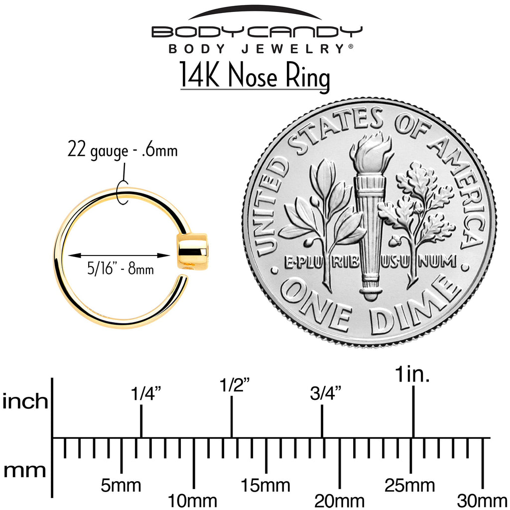 BodyCandy 14k Solid Yellow Gold Bendable Nose Hoop 22G 5/16 with 2mm Bezel CZ — detail close-up