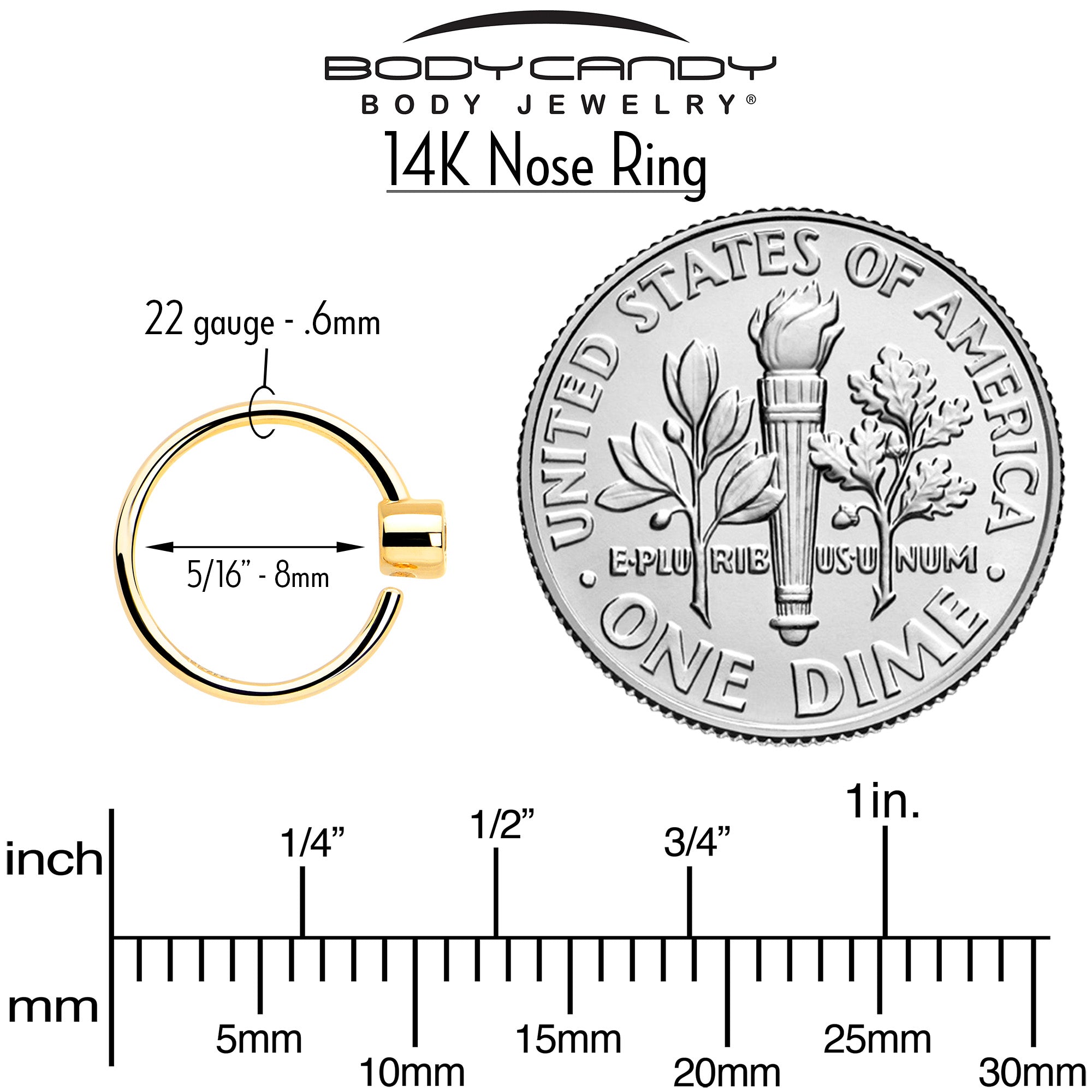 BodyCandy 14k Solid Yellow Gold Bendable Nose Hoop 22G 5/16 with 2mm Bezel CZ — detail close-up