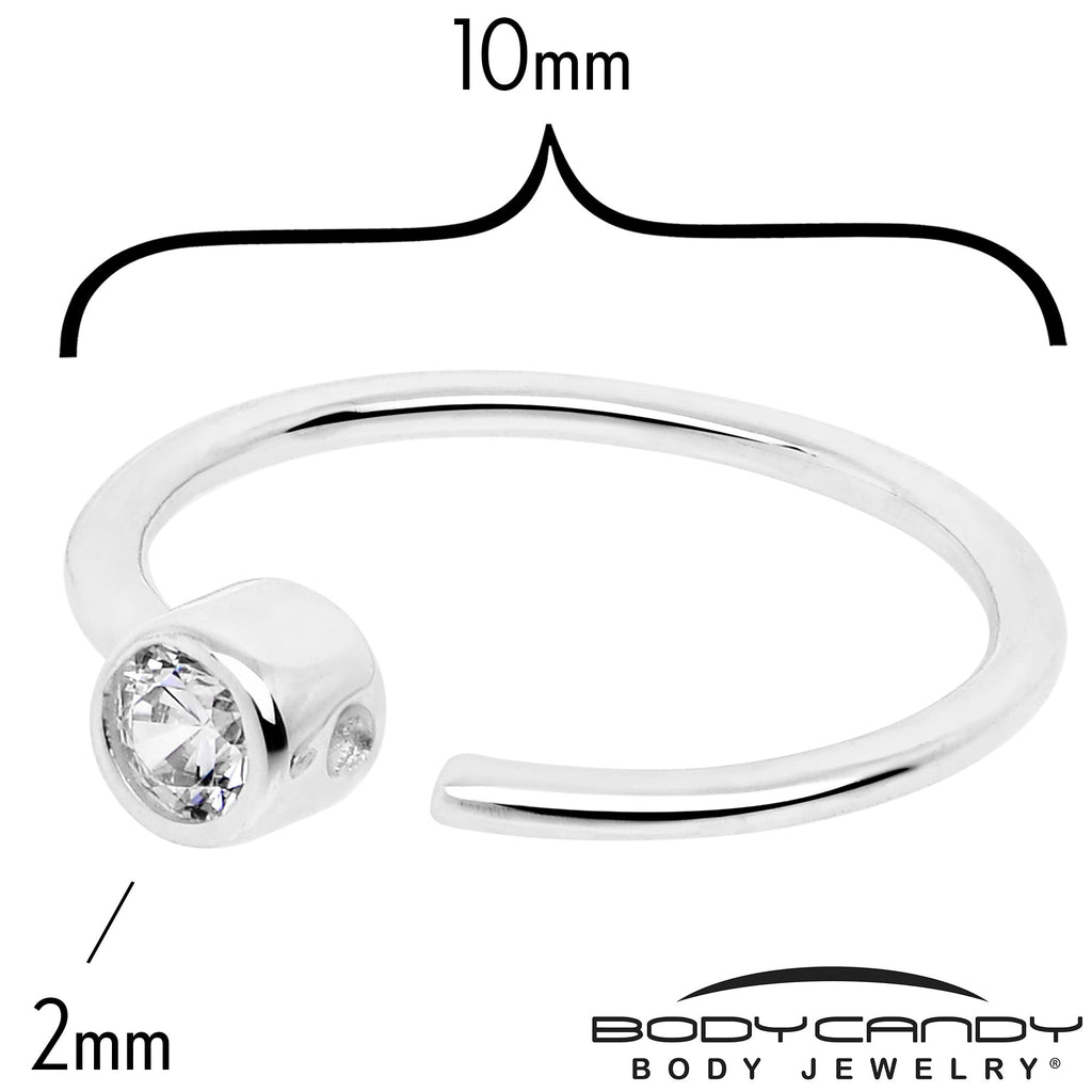 BodyCandy 14k Solid White Gold Bendable Nose Hoop 220G 5/16 with 2mm Bezel CZ — detail close-up