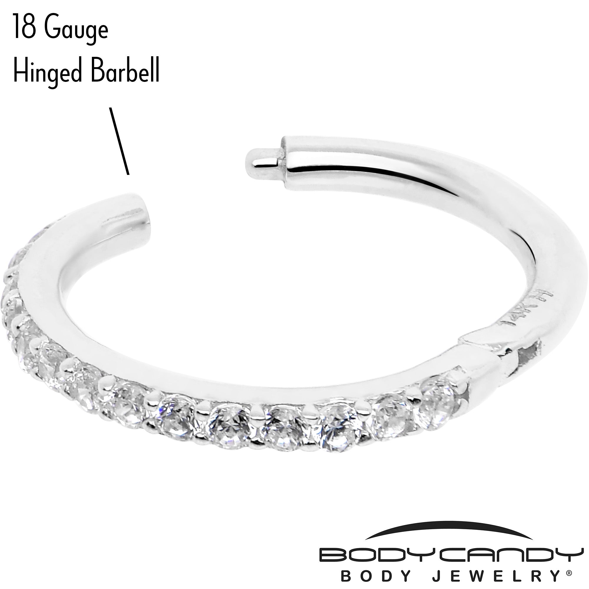 BodyCandy 14k Solid White Gold Hinged Segment Ring Forward Facing CZ 18G 5/16 — back view