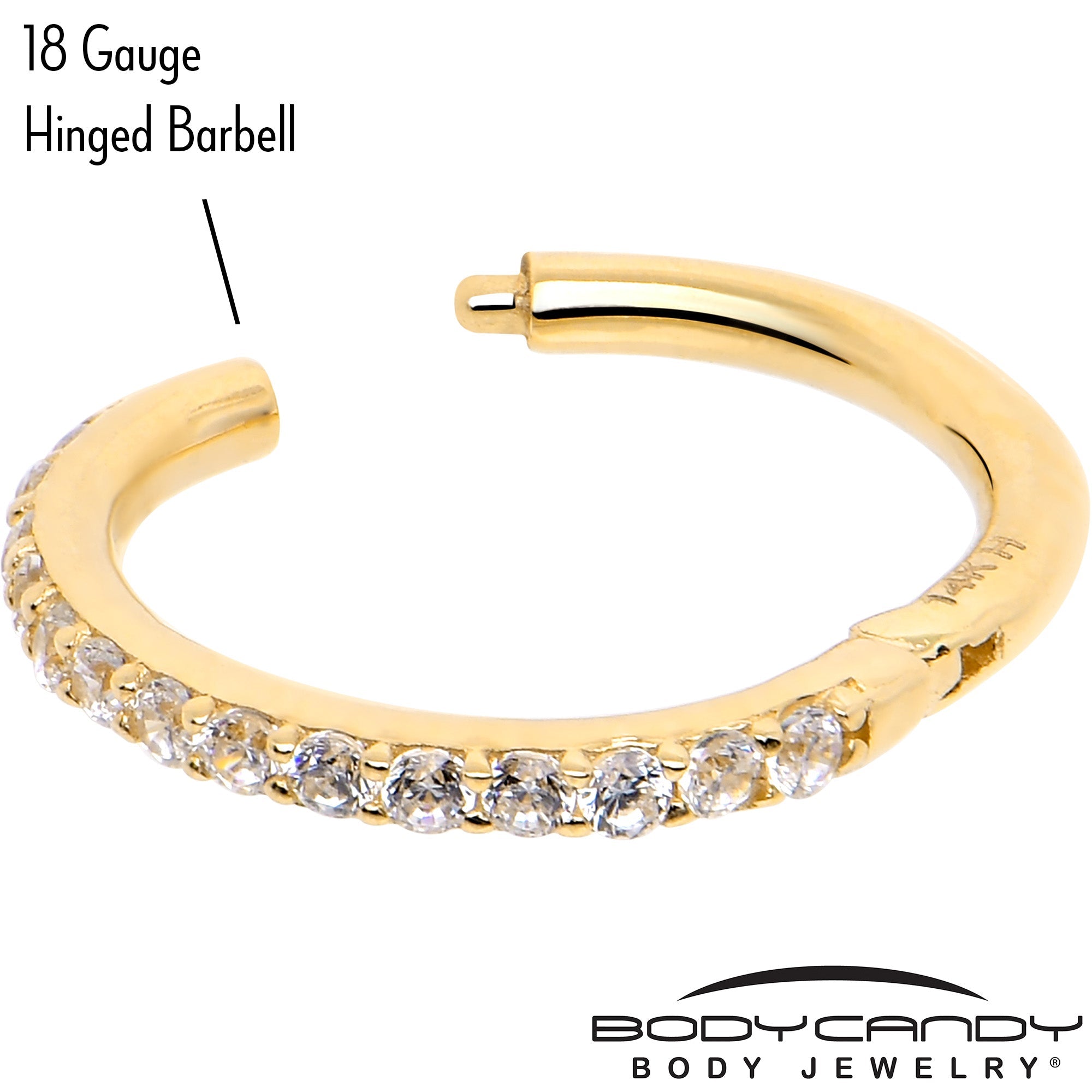 BodyCandy 14k Solid Yellow Gold Hinged Segment Ring Forward Facing CZ 18G 5/16 — detail close-up
