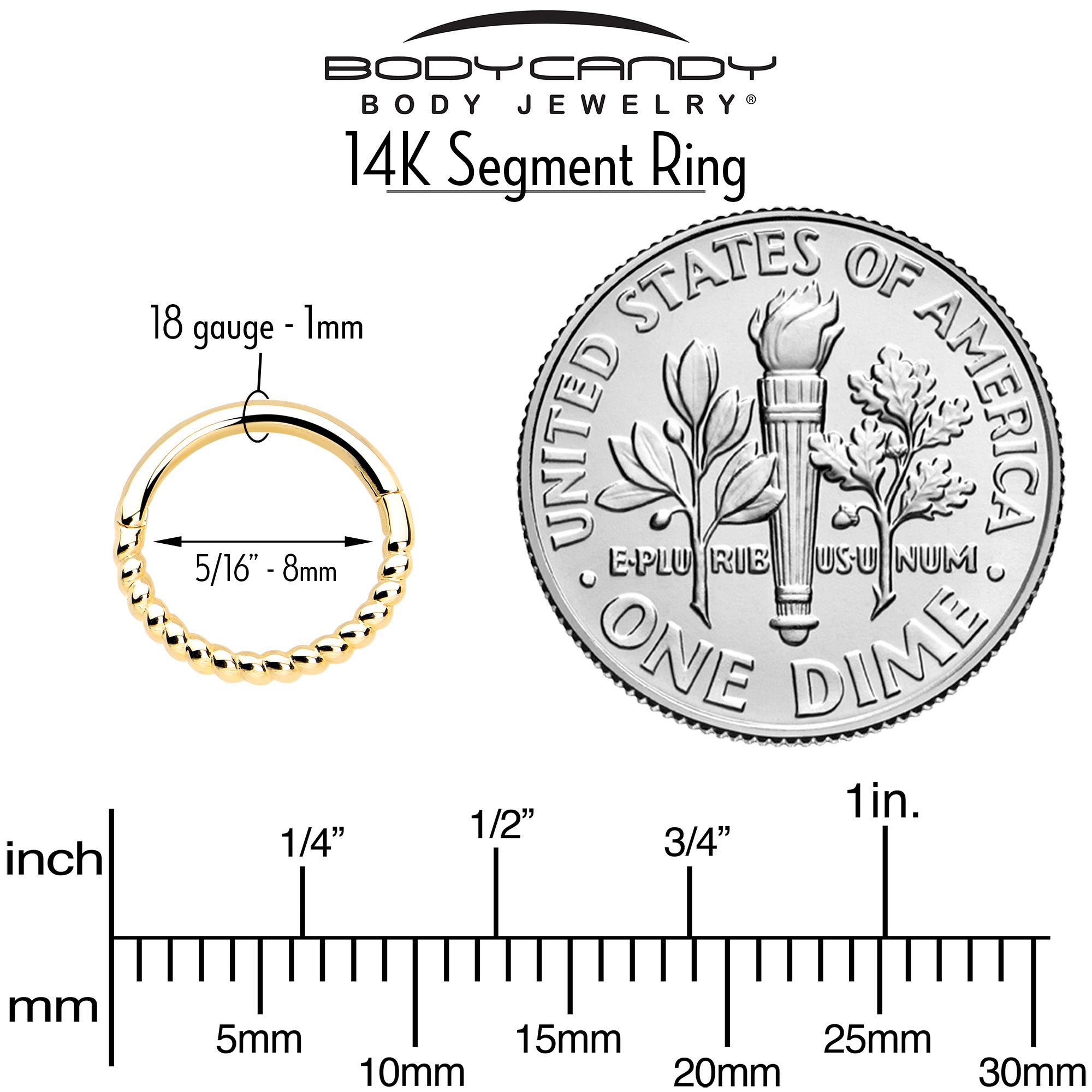 BodyCandy 14k Solid Yellow Gold Hinged Segment Ring Forward Facing Twisted 18G 5/16 — alternative angle