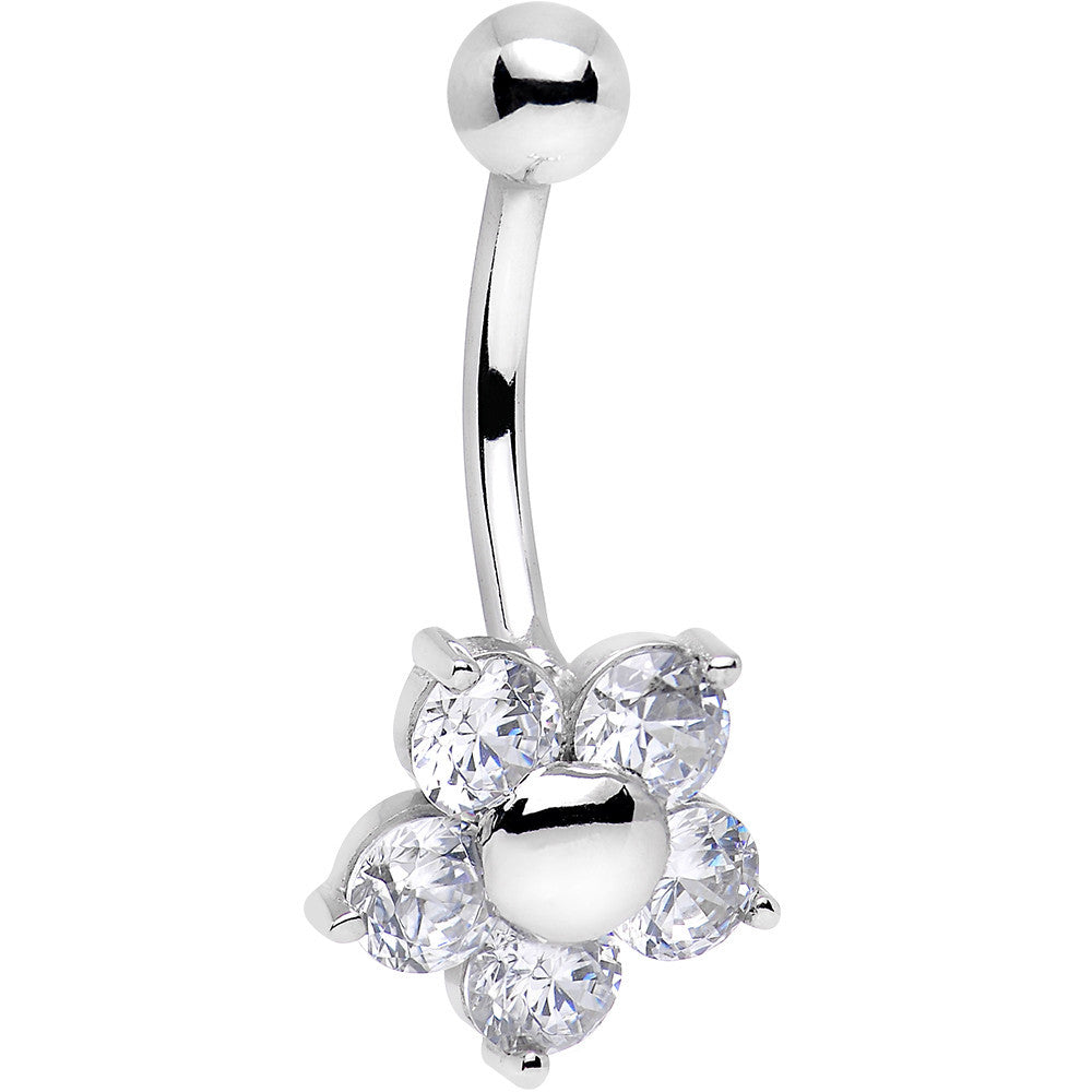 BodyCandy 16G Solid 14k White Gold Cubic Zirconia Five Petal Flower Belly Ring — detail close-up