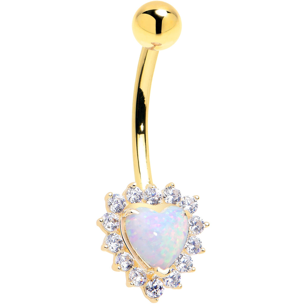 BodyCandy 16G Solid 14k Yellow Gold Zirconia Opal Heart Belly Ring — detail close-up