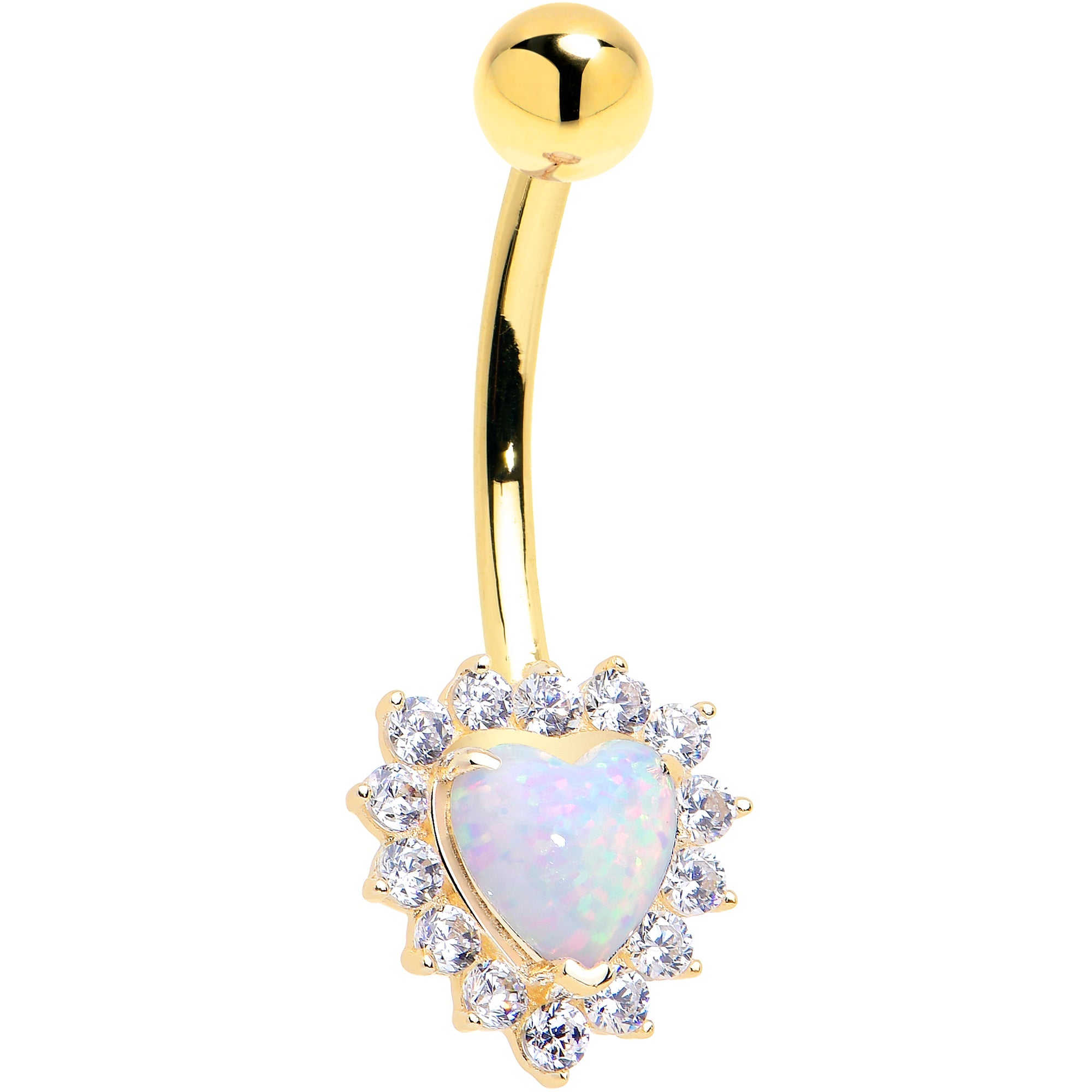 BodyCandy 16G Solid 14k Yellow Gold Zirconia Opal Heart Belly Ring — detail close-up
