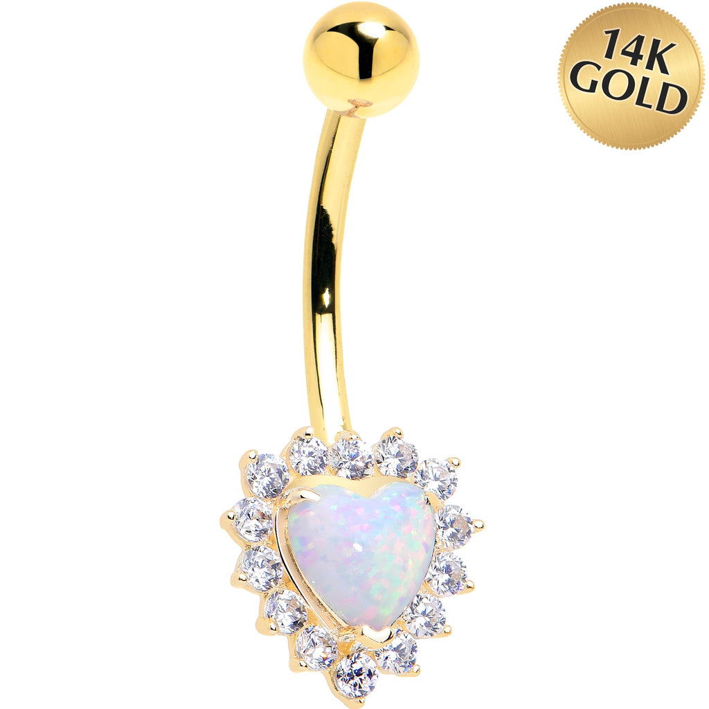 BodyCandy 16G Solid 14k Yellow Gold Zirconia Opal Heart Belly Ring — main product shot