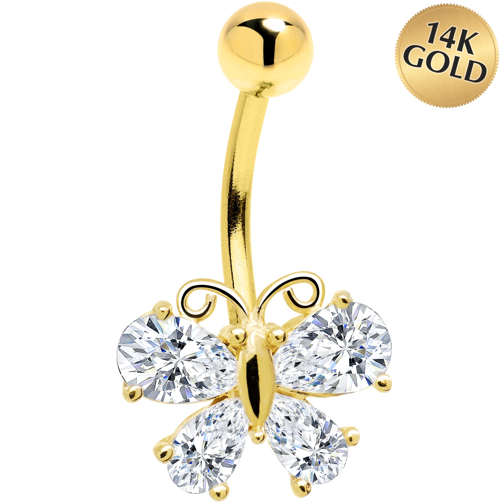BodyCandy 16G Solid 14k Yellow Gold Cubic Zirconia Butterfly Belly Ring — main product shot