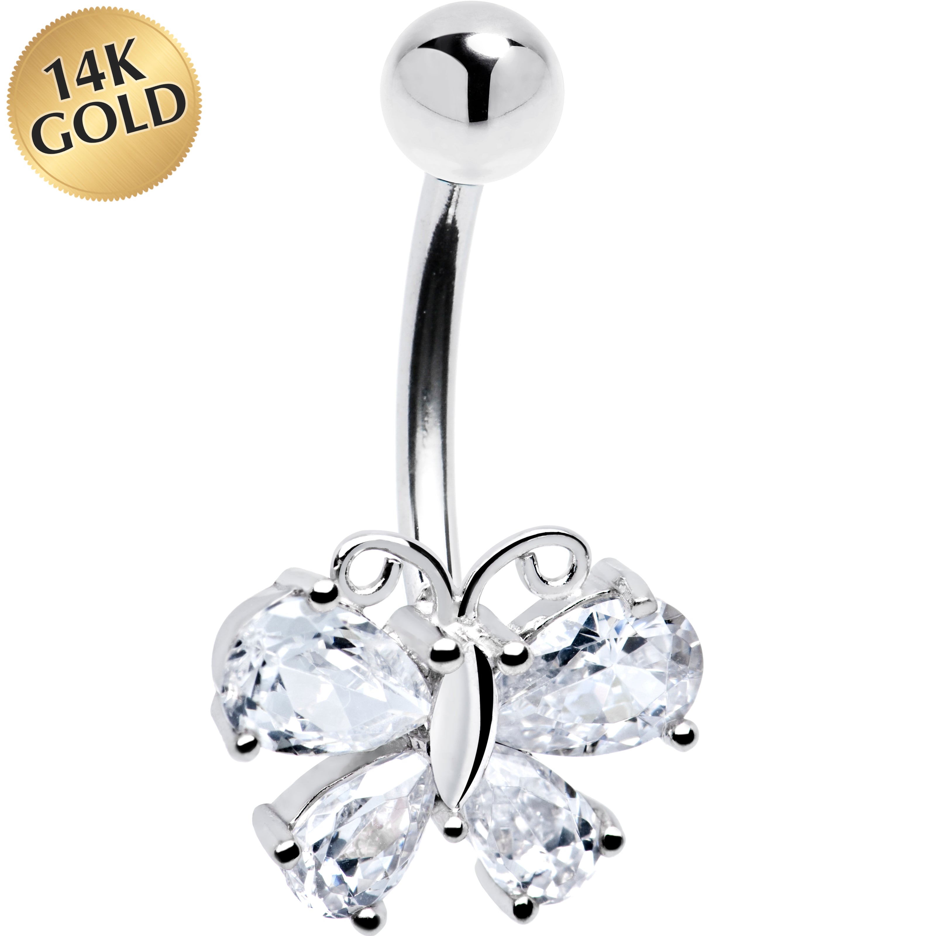 BodyCandy 16G Solid 14k White Gold Cubic Zirconia Butterfly Belly Ring — main product shot