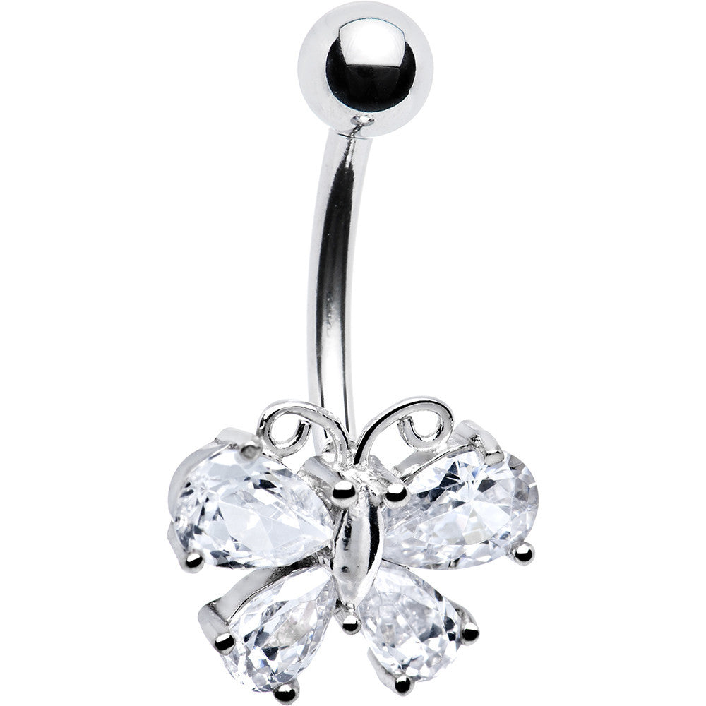 BodyCandy 16G Solid 14k White Gold Cubic Zirconia Butterfly Belly Ring — detail close-up