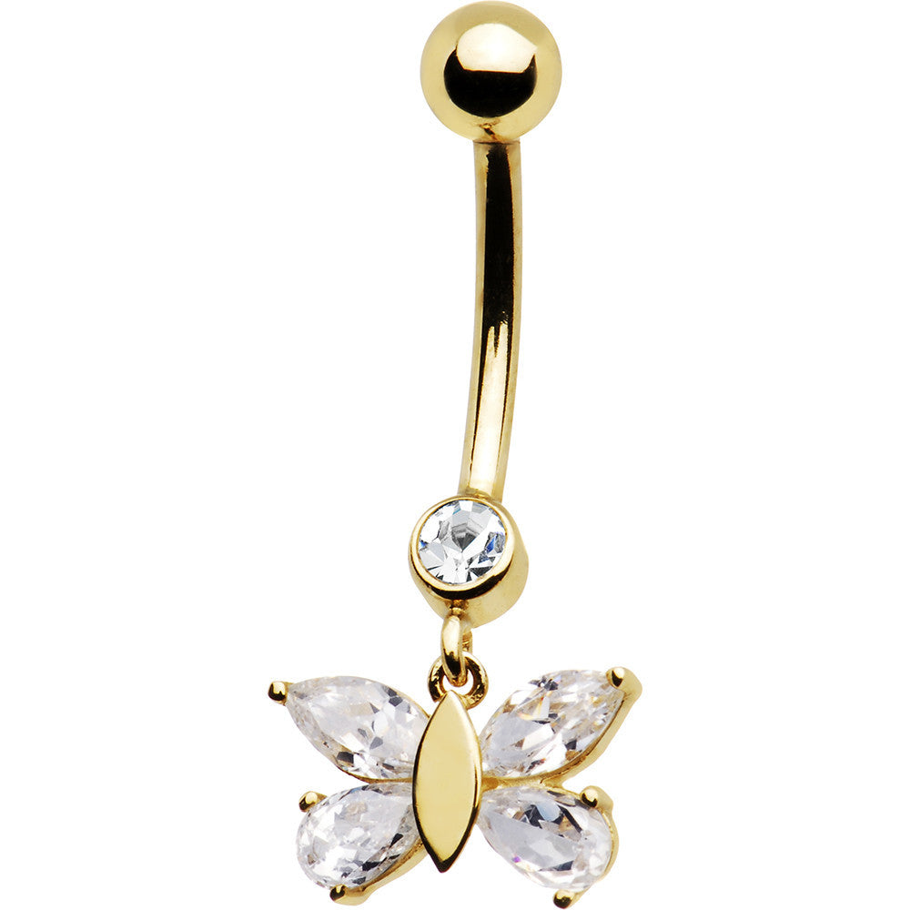 BodyCandy 16G Solid 14k Yellow Gold Dangle CZ Butterfly Belly Ring — detail close-up