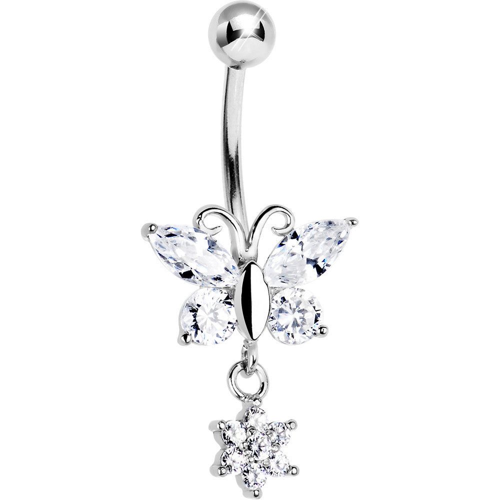BodyCandy 16G Solid 14k White Gold CZ Flower Butterfly Belly Ring — detail close-up