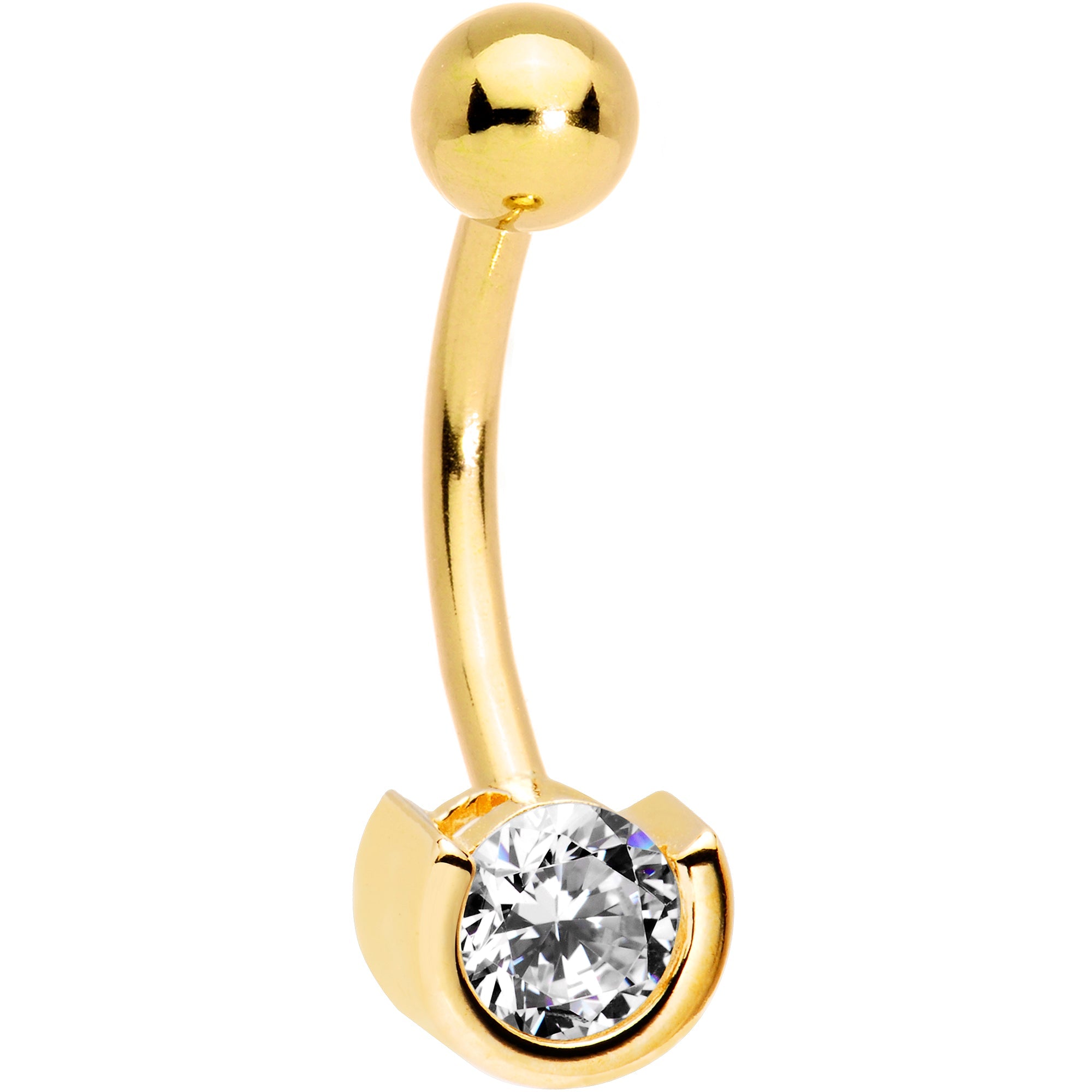 BodyCandy 16G Solid 14k Yellow Gold Zirconia Solitaire Belly Ring — detail close-up