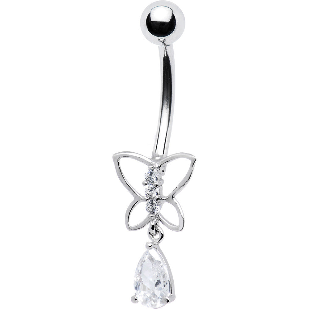 BodyCandy 16G Solid 14k White Gold Butterfly Teardrop Belly Ring — detail close-up