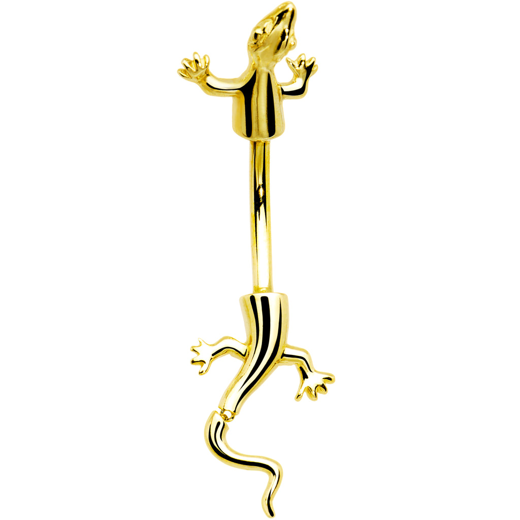 BodyCandy 16G Solid 14k Yellow Gold Lizard Belly Ring — detail close-up