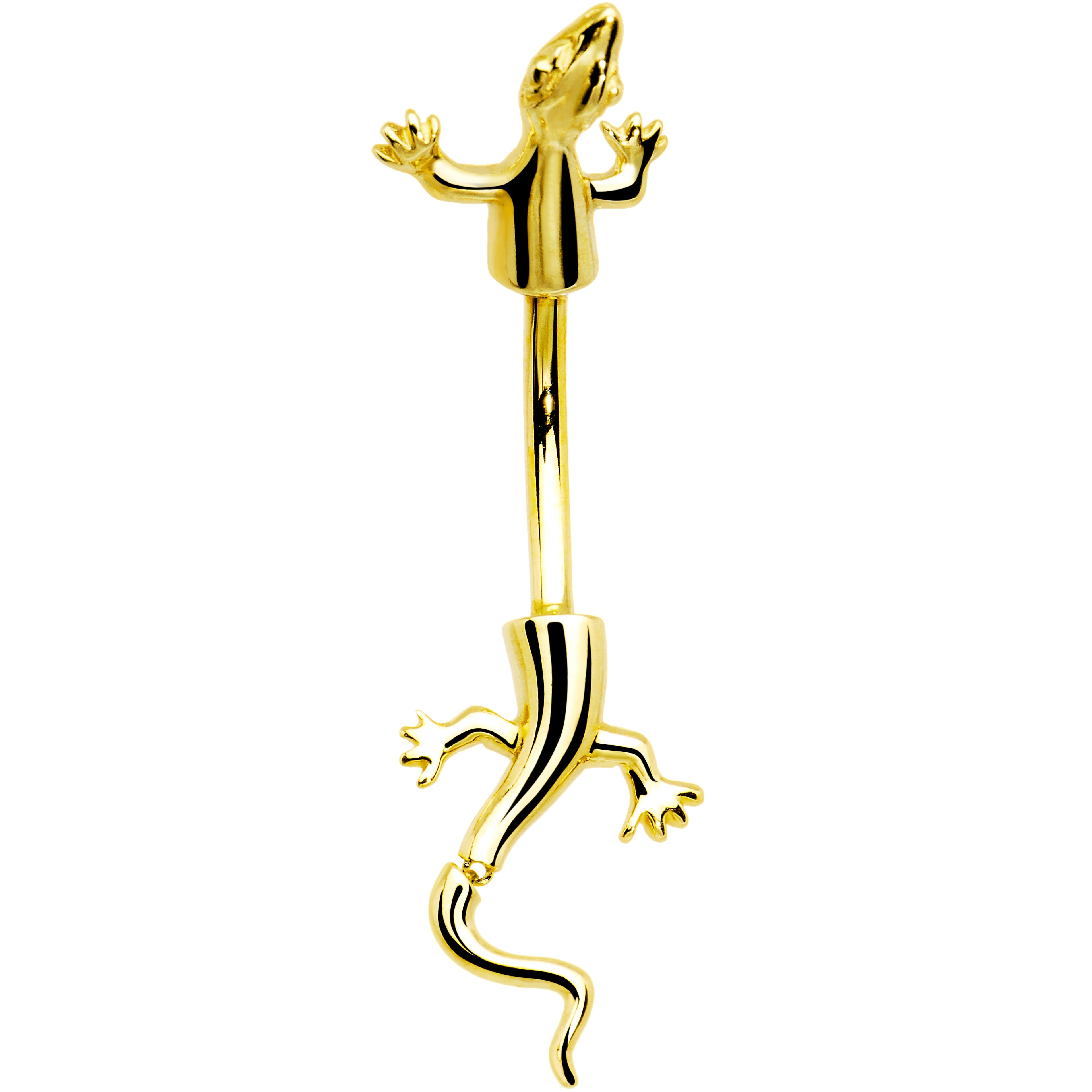 BodyCandy 16G Solid 14k Yellow Gold Lizard Belly Ring — detail close-up