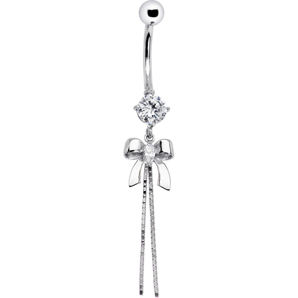 BodyCandy 16G Solid 14k White Gold Cubic Zirconia Bow Belly Ring — detail close-up