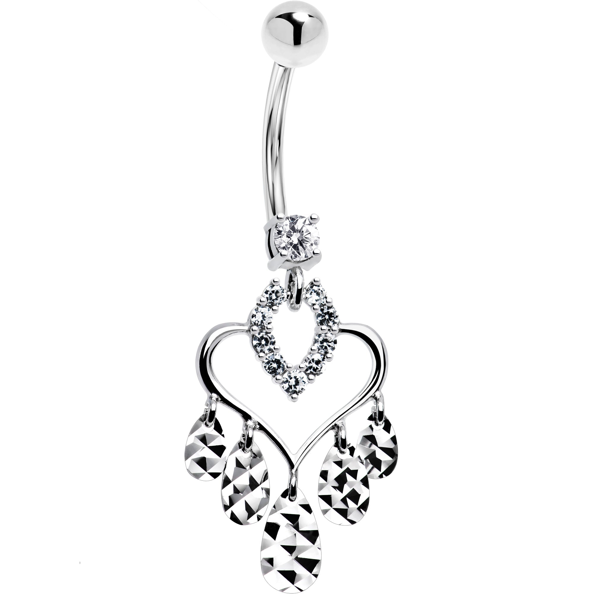 BodyCandy 16G Solid 14k White Gold Majestic Heart Chandelier Belly Ring — detail close-up