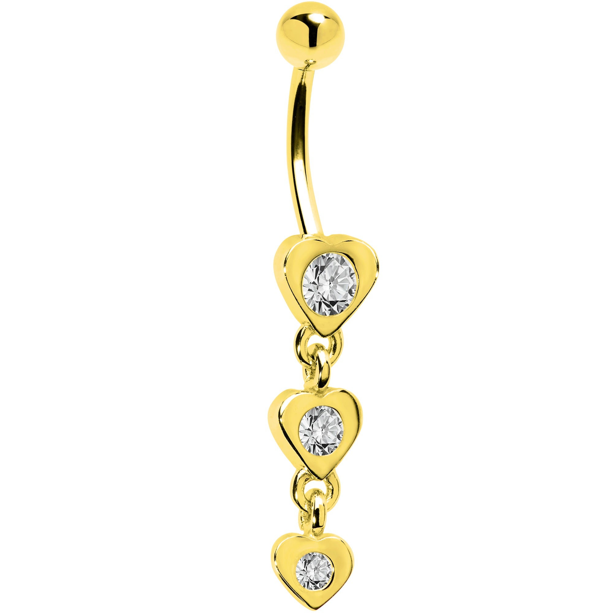 BodyCandy 16G Solid 14k Yellow Gold Zirconia Heart Drop Belly Ring — detail close-up