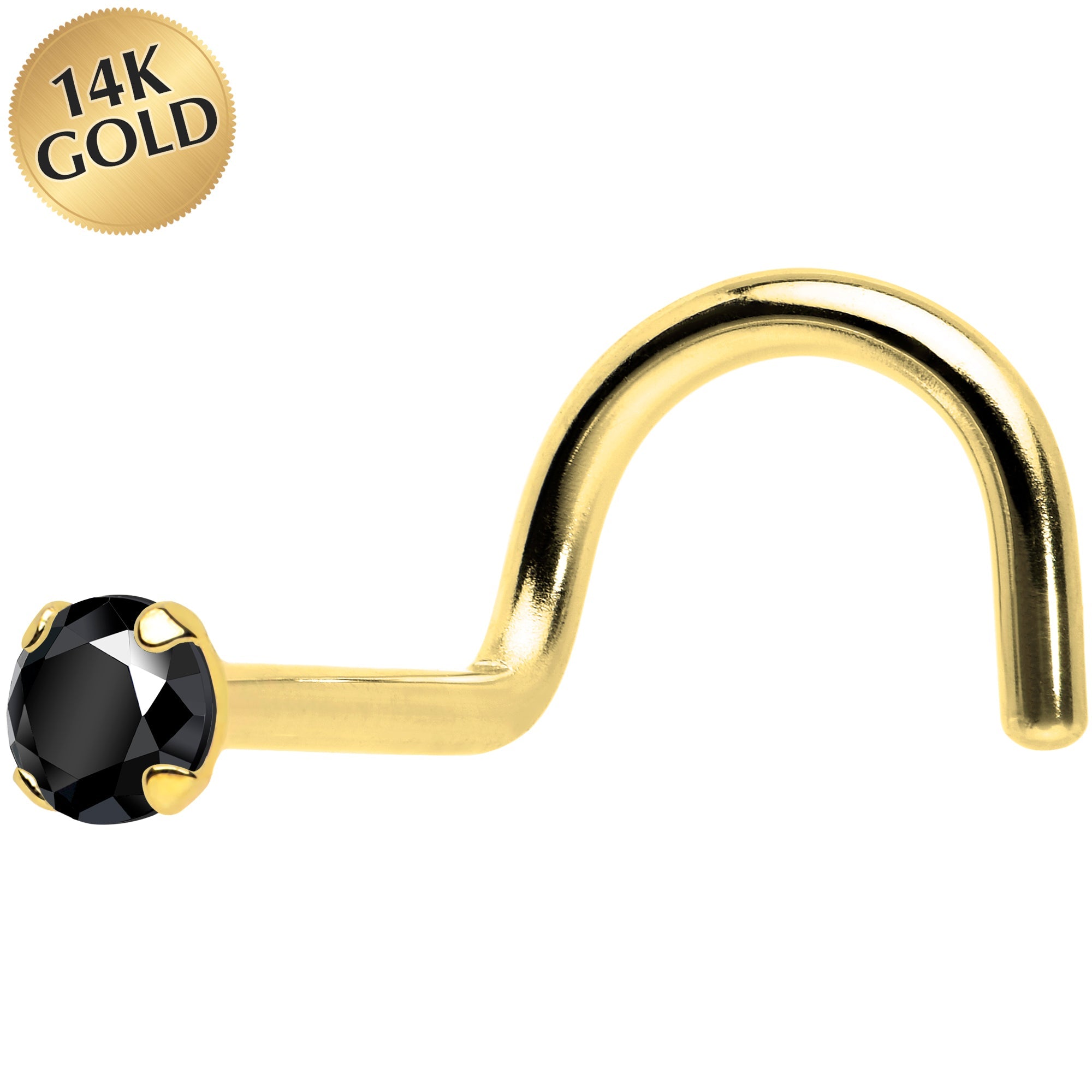 BodyCandy Solid 14K Yellow Gold 2mm Black Cubic Zirconia Nose Screw Ring — main product shot