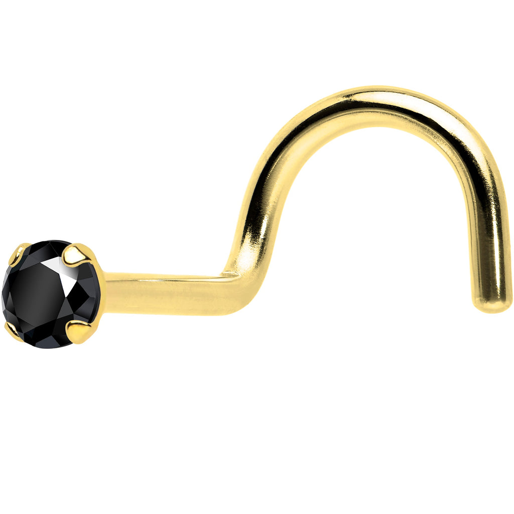 BodyCandy Solid 14K Yellow Gold 2mm Black Cubic Zirconia Nose Screw Ring — detail close-up