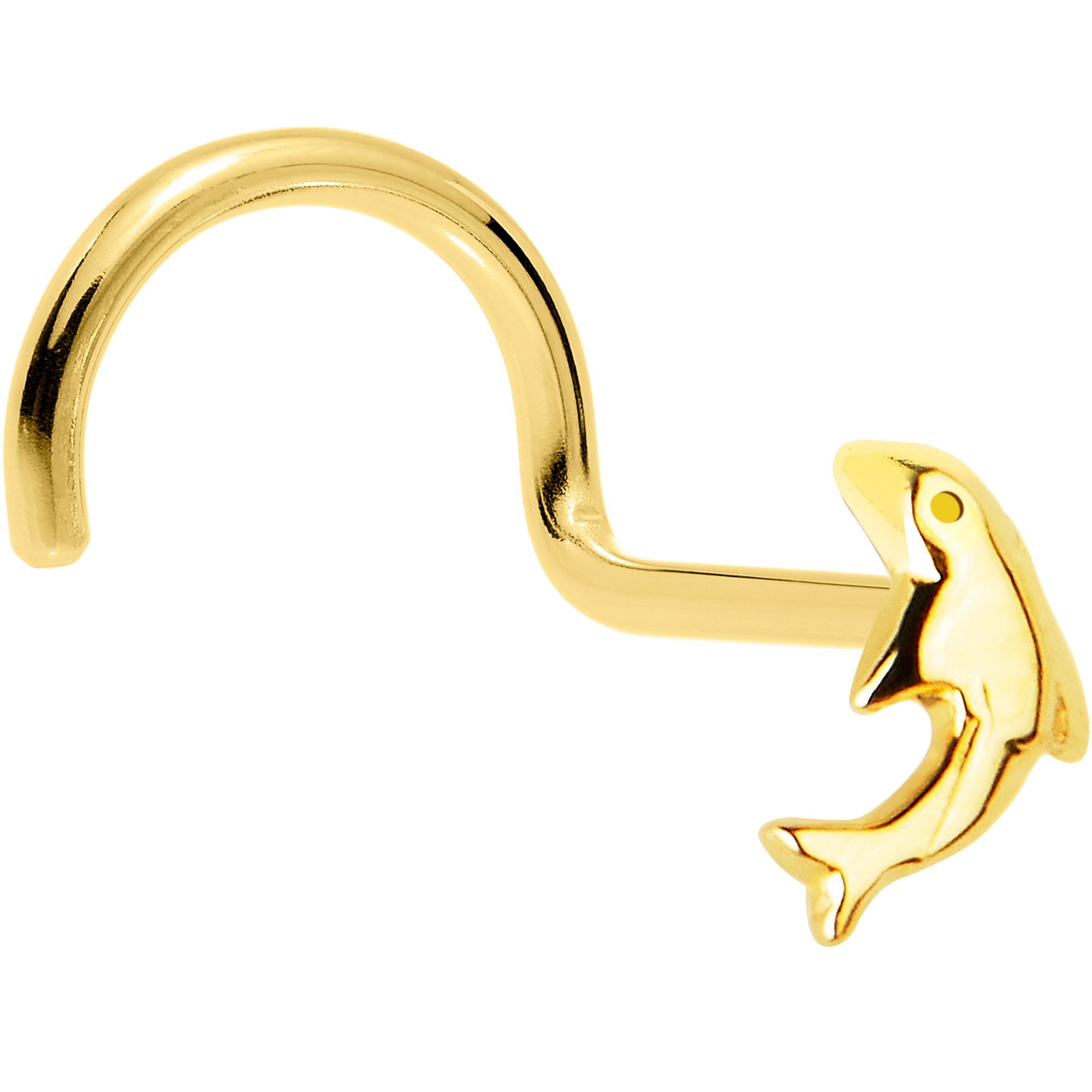 BodyCandy Solid 14K Yellow Gold Dolphin Nose Screw Ring — detail close-up