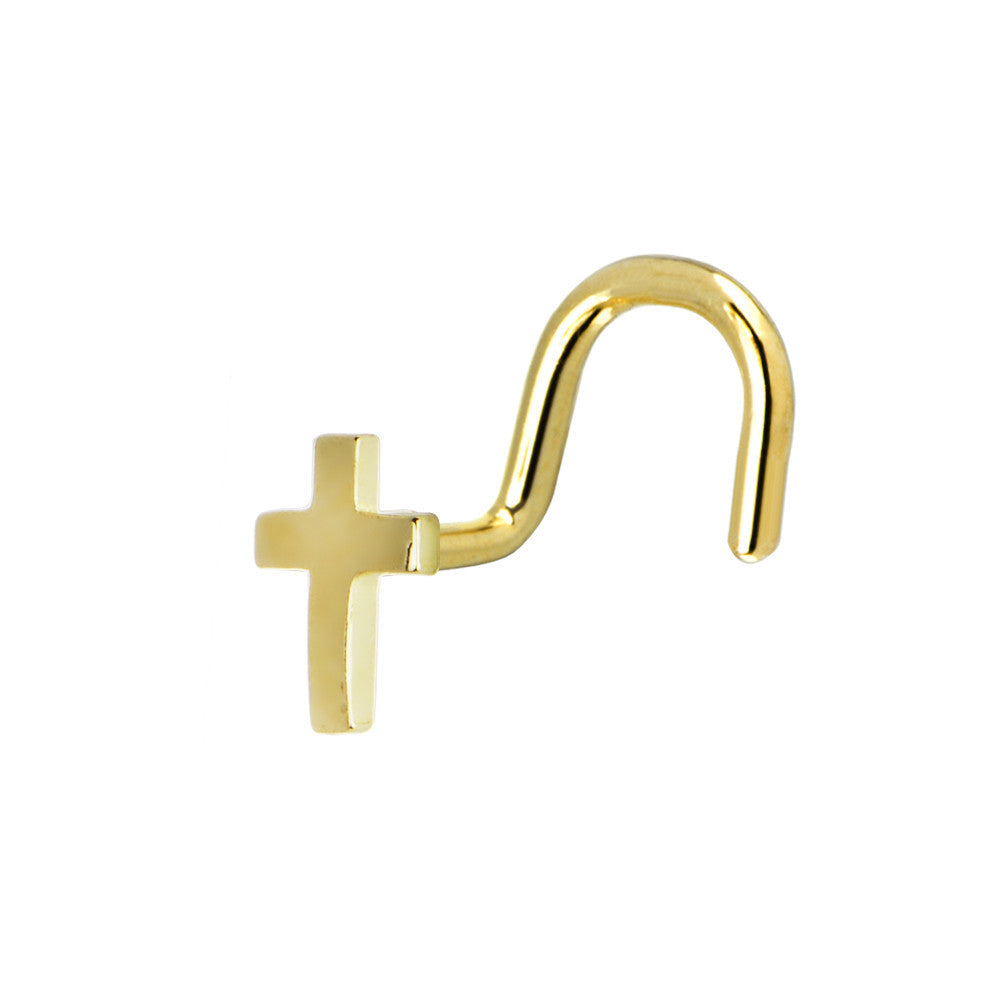 BodyCandy Solid 14K Yellow Gold Cross Nose Screw Ring — main product shot