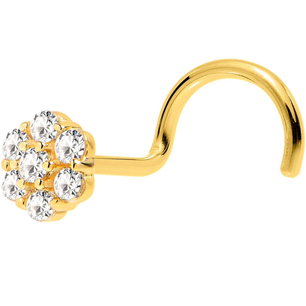BodyCandy Solid 14K Yellow Gold Clear CZ Flower Nose Screw Ring — detail close-up