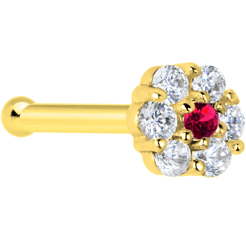 BodyCandy Solid 14K Yellow Gold Clear Red CZ Flower Nose Bone — detail close-up