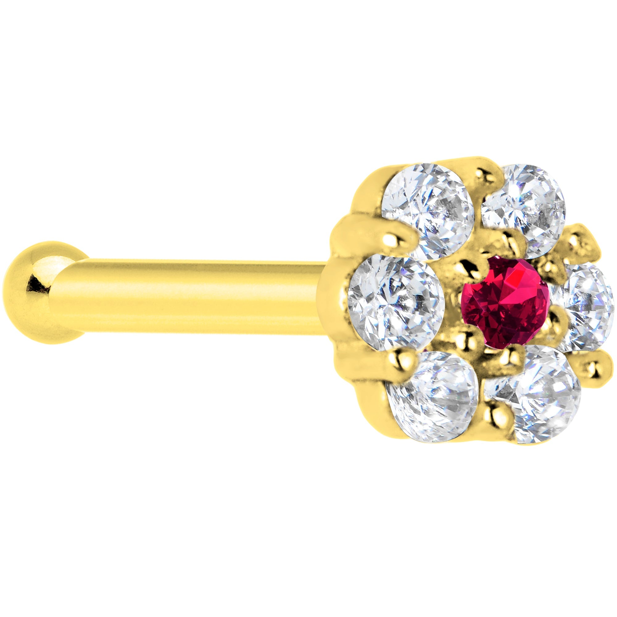 BodyCandy Solid 14K Yellow Gold Clear Red CZ Flower Nose Bone — detail close-up