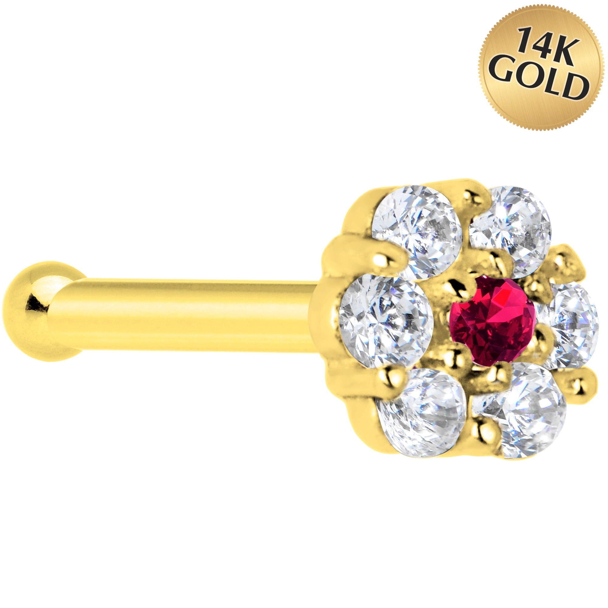 BodyCandy Solid 14K Yellow Gold Clear Red CZ Flower Nose Bone — main product shot