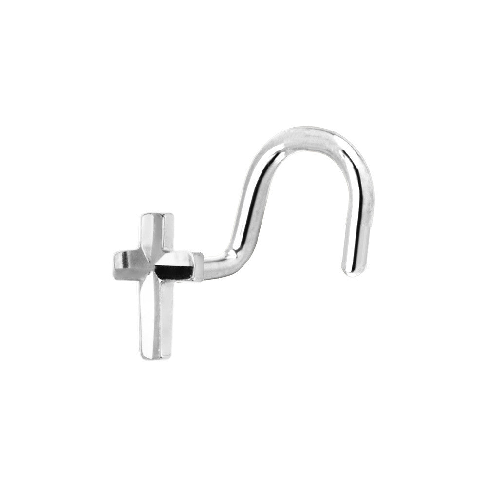 BodyCandy Solid 14K White Gold Raised Cross Nose Screw Ring — detail close-up